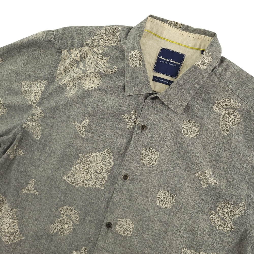 Tommy Bahama Shirt Mens XL Gray Paisley Short Sleeve Cotton Silk Limited Edition